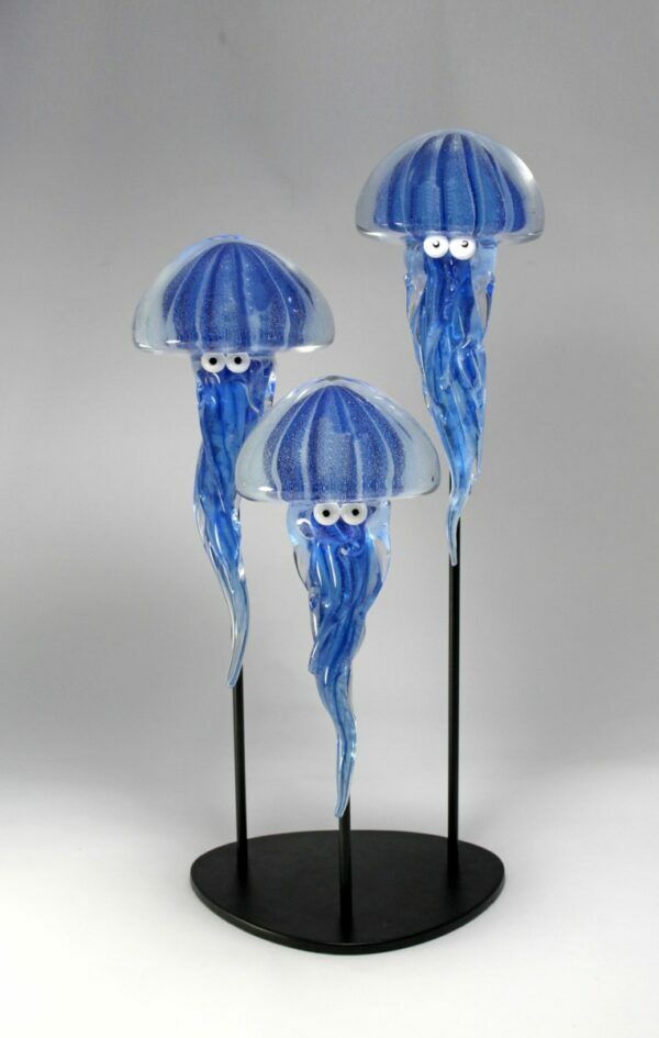 Grand triptyque méduses bleues luminescentes